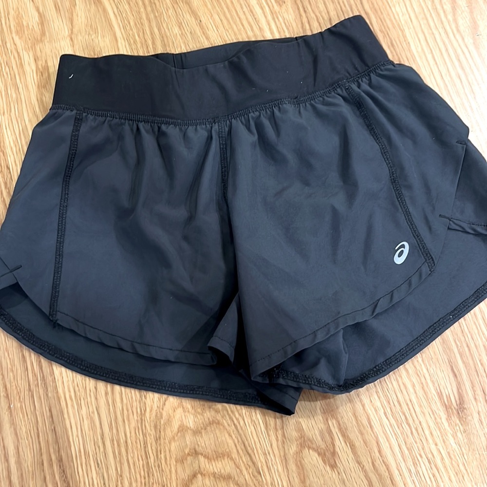Black ASICS running shorts